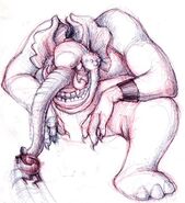 Rejected concept art of an evil elephant-like genie from the first film