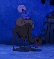 The  briefly riding his camel,  during 