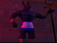 Anubis stands before brought to life and battle with Aladdin inside The Great Pyramid.