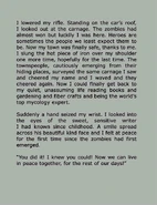I lowered my rifle. Standing on the car's roof, I looked out at the carnage. The zombies had almost won but luckily I was here. Heros are sometimes the people we least expected them to be.