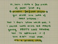 Hi, hero. I think a few pieces of paper from my private fanfiction project got mixed into some of these stashes, but I don't know which ones.