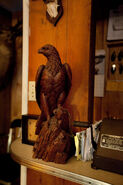 Motel desk hawk statue.