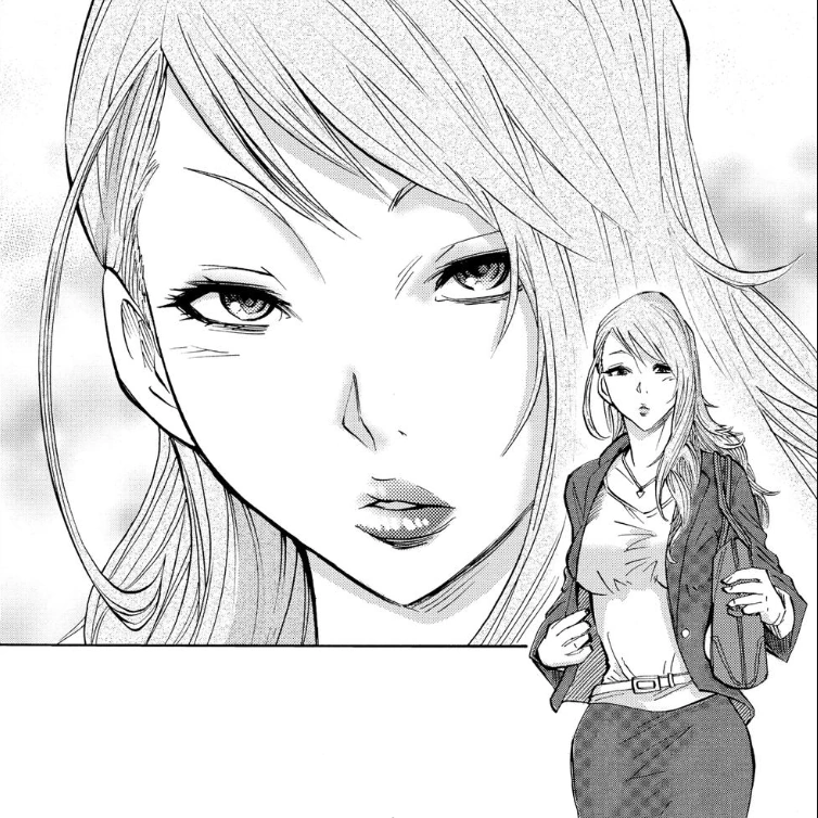 Shibuki Saori's manga shot, depicting a confident young woman with long blond hair, dressed in a formal attire