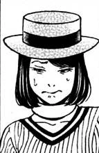 A cropped bust shot of a panicking woman with no name. She wears a grey hat with a white band and broad visor, and a horizontally thin striped shirt with a black and white v-neck