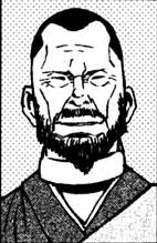 An older man named Katsusai Rokudo with buzzed black hair, a calm expression, a full tapered black beard, and dressed in a grey shirt with an outlined white v-neck