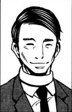 An older man named Masaki Aizen with neatly combed hair, dressed in a grey jacket with a white undershirt and black tie, portraying a gentle face