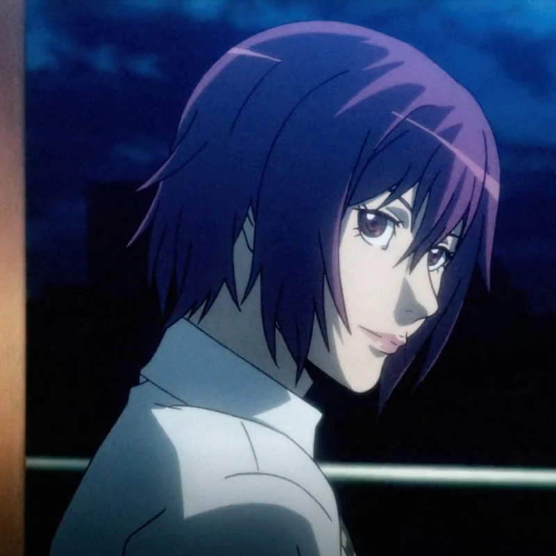 A young woman named Yuzuha Usagi with pinkish-purple chin-length hair. She is dressed in a white collared shirt that is a part of her school uniform