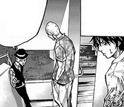 Nitobe, Karube, and Arisu idling around the west stairwell, waiting for the Dealer to come out