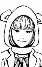 A young girl named Urumi Akamaki wearing an open white bear hoodie hiding most of her hair with the exception of her neat bangs. Akamaki looks at the viewer with a sweet and innocent expression