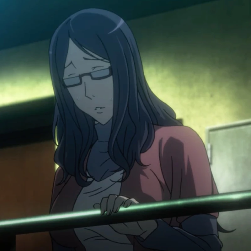 A woman with loose dark purple hair wearing glasses. She wears a dull purple turtle neck under her white shirt and pale pink cardigan with short sleeves