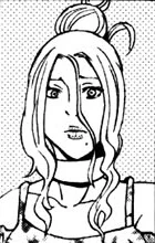 A young woman with a beauty mark below the left side of her lip and wearing lipstick named Meisa Tokui. She has light hair framing her face, one strand in the middle, and the rest of her hair done in a messy bun. She wears a lightly patterned white shirt with thin straps