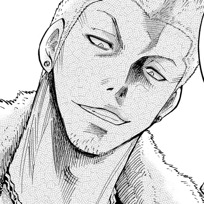 Karube Daikichi's manga shot, depicting a smirking man with short white hair and a smug facial expression