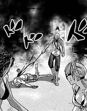 Last Boss menacingly approaching Kuina with a bloody katana and Ann after ruthlessly impaling Ann's companion from behind (Alice in Borderland Manga)