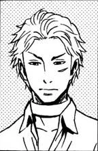 A cropped image of a focused man named Eiji Mitsurugi. He has light-colored hair done in a casual and carefree manner with a small horizontal scar below his left eye. He wears a white shirt with a sharp collar and a few buttons undone