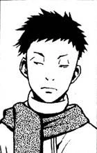 A young man named Akimoto Mino with spiked hair and buzzed sides, wearing a grey busy-patterned scarf with a white closed sweater