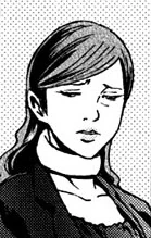 A nervous woman named Kotoko Shiga with neatly swept shoulder-length hair tucked behind her ears, wearing a black blazer with a shirt of the same color