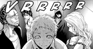 All five participants, including three unnamed, Hayato Dodo, and hooded Ryohei Arisu