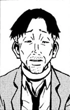 A cropped bust shot of a tired older man named Minor Characters/Jack of Hearts#Motohiko Kaneko. He has black hair styled in a bowl cut, a stubble beard, and he is dressed in a gray jacket with a white undershirt and black tie