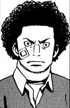 A man with a black afro, square jawline, and a serious expression named Ippei Ooki. He wears a grey sweatshirt with a white collar and has a rounded square plaster on his right cheek