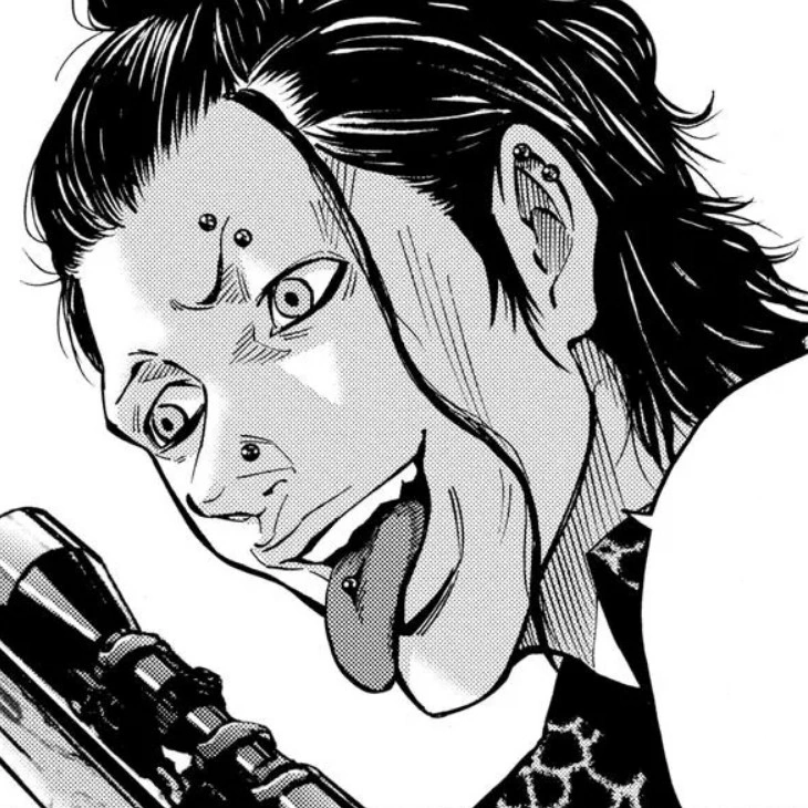 Niragi's manga shot, depicting a young man sticking out his tongue and holding a gun