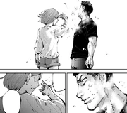 A triple mange panel with the main image being of Himari slapping Kitou, and then two more at the bottom showing close-up images of their faces at that moment, Kitou is shocked, Himari is calm and determined