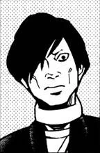 A tense man named Enji Mastushita with thick black hair that covers the right side of his face, wearing an open tight black blazer with a white undershirt