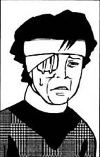 A cropped image of an older unnamed woman with fluffy short black hair, two thick bandages covering her hairline and right ear, and a padded square plaster on her right eye. She wears a dark-colored shirt