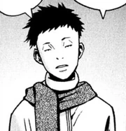A manga panel of a young man with short black hair, wearing a scarf and looking unamused