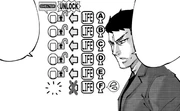 A close-up image of Kitou with a diagram next to him, showing that each participant from A to E gets a "LIFE" and unlocks a shelter, but participant F has no shelter to unlock even if a "LIFE" is received