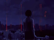 A gif image illustrating red lasers shooting down from the sky, and Usagi is in the foreground observing them