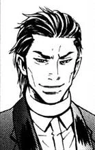 A man named Oki Yaba with slicked back black hair with a few strands poking out, wearing professional attire and looking at the viewer in a sinister manner