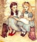 Alice and Dina have tea and converse with Dorothy and Toto.