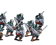 A group of Green Corps knights' battle sprites in Kichikuou Rance.