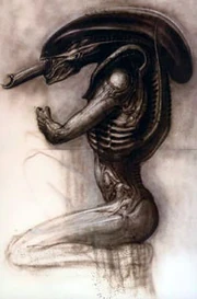 Giger's Alien design, inspired by his earlier painting Necronom IV, for the film '"`UNIQ--nowiki-00000000-QINU`"'