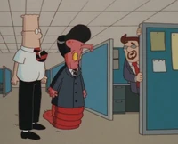 Dilbert brings the alien CEO to meet the marketing department, saving the Earth as a result.