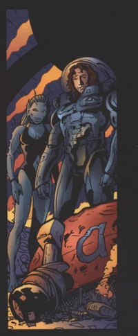 The Doctor and Izzy look sadly at Alpha's remains