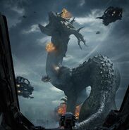 The Dragon Alien invading a Human city, currently under attack by pilots. ...