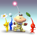 Captain Olimar with three Pikmin