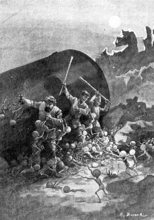 Dr. Omega, Borel and Fred fighting off the savage Dwarfs of the tundra.