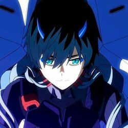 Draw the character hiro from the anime darling in the franxx, with his blue  horns and blue eyes