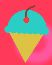 A red circle, which is a cherry, with a long, slightly curved stem coming from its top. It is within an ice cream cone in an x-ray fashion, and the ice cream is cyan colored with the stem coming out the top slightly.