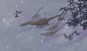 An image showcasing the hypothetical pack behaviour of Yutyrannus. Here, they are depicted attacking a Dongbeititan, a large Sauropod from the same region.