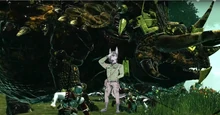 A Stegadon's size compared to a Lupinian.