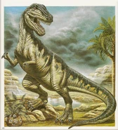 An outdated painting showcasing a Tyrannosaurus. Note it's kangaroo like posture, aswell as pronated writs, which were impossible for dinosaurs to achieve.