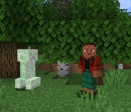 A Creeper about to explode near a human, spreading it's spores.