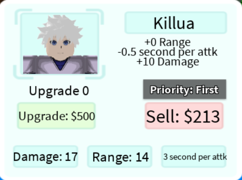 SHOWCASE KILLUA EVOLVE LV 100 / ANIME WORLD TOWER DEFENSE 