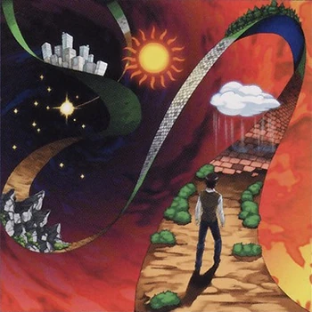 A bending road, a tiny raincloud, a city in the middle of space, and a sun and starry night right next to each other. All seems pretty normal to me.