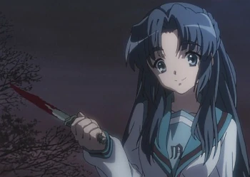Good heavens! Is that blood on that knife? And why is she smiling?