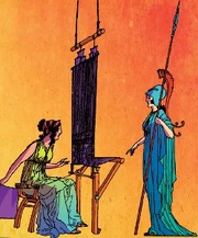 Athena and Arachne, about to weave it off. . .