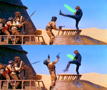 Luke Skywalker defeats one of Jabba's henchmen using the Jedi power Force kick.